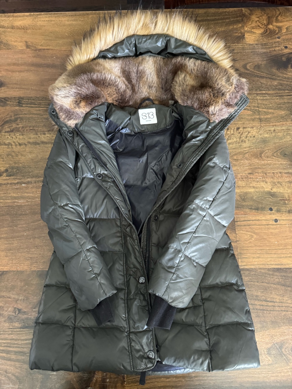 Kids Quilted Puffer Jacket with Faux Fur Hood - Olive